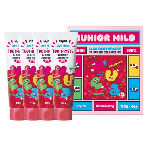 Vuca Junior Mild High-Fluoride Breath Care Vegan Children's Toothpaste Strawberry Flavor, 110g, 4 Pack