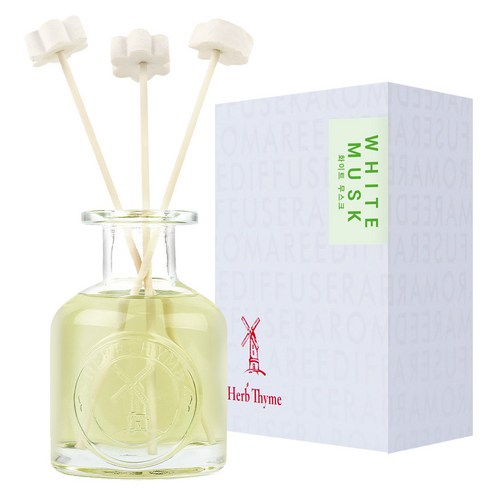 Herb Thyme NEW Indoor Diffuser 130ml + Flower Plaster Randomly Sent 4p + Fiber Stick 5p, White Musk, 1 Set
