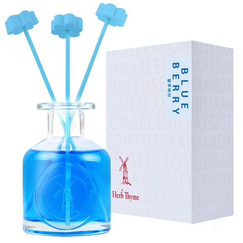 Herb Thyme NEW Indoor Diffuser 130ml + Flower Plaster Randomly Sent 4p + Fiber Stick 5p Gift Set, Blueberry, 1 Set