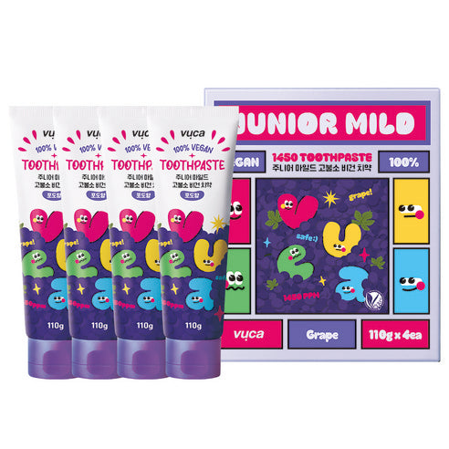 Vuca Junior Mild High-Fluoride Breath Care Vegan Children's Toothpaste Grape Flavor, 110g, 4 Pack
