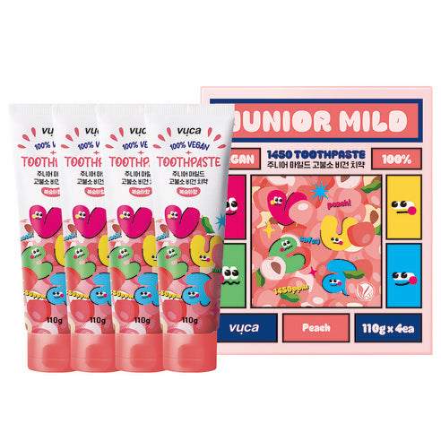 Vuca Junior Mild Fluoride Vegan Toothpaste Peach Flavor, 110g, 4 Pack