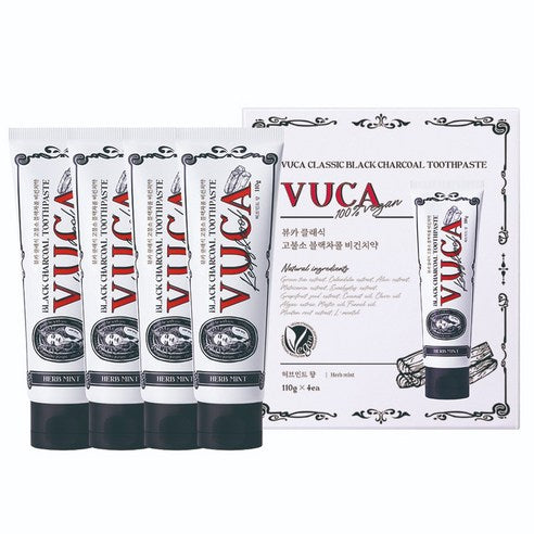 Vuca Classic High-Fluoride Black Charcoal Breath Care Vegan Toothpaste Herbal Mint Flavor, 110g, 4 Pack